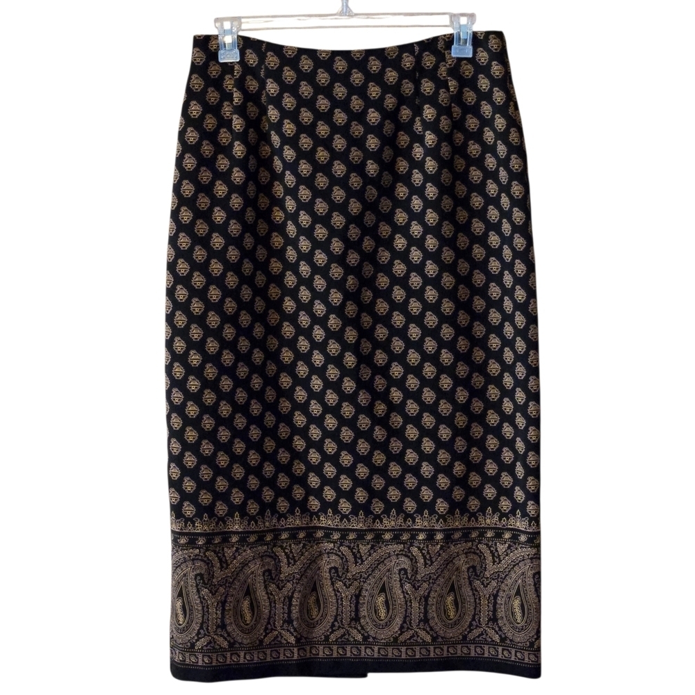 Briggs NY Womens L Black Gold Geometric Paisley Maxi Pencil Skirt Back Slit